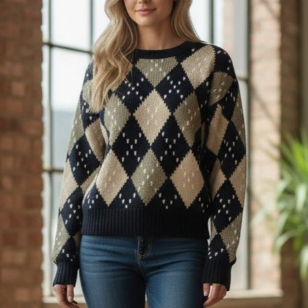 Vintage 80s Lizsport Argyle Cotton Sweater Crewneck Wmns Sz M Preppie Blokecore